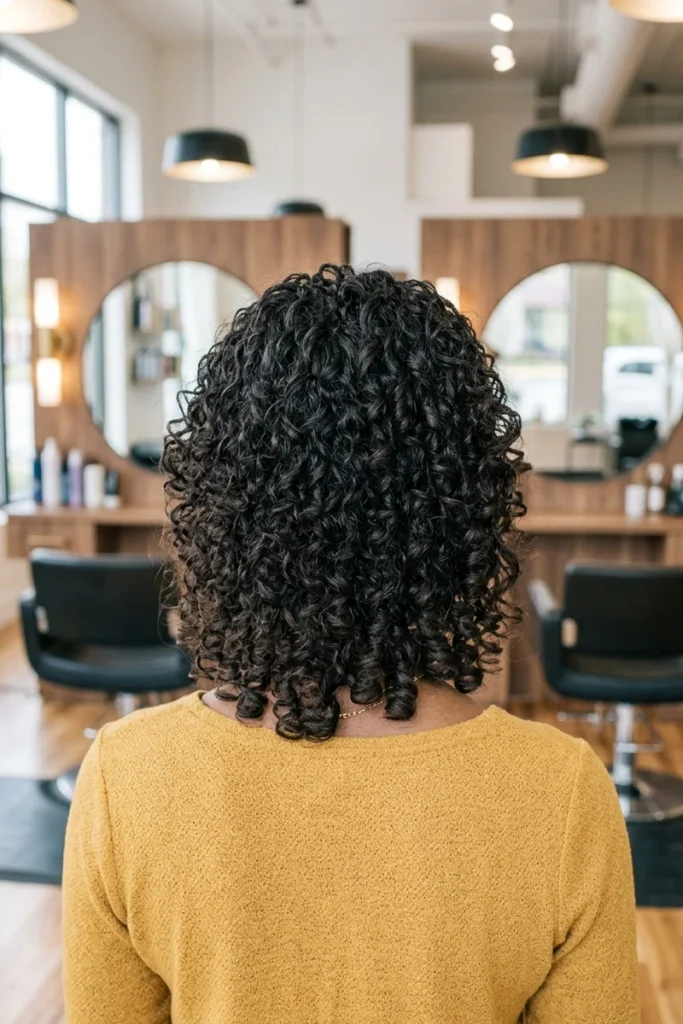 Curly shag haircut, back view, springy defined curls in a salon setting