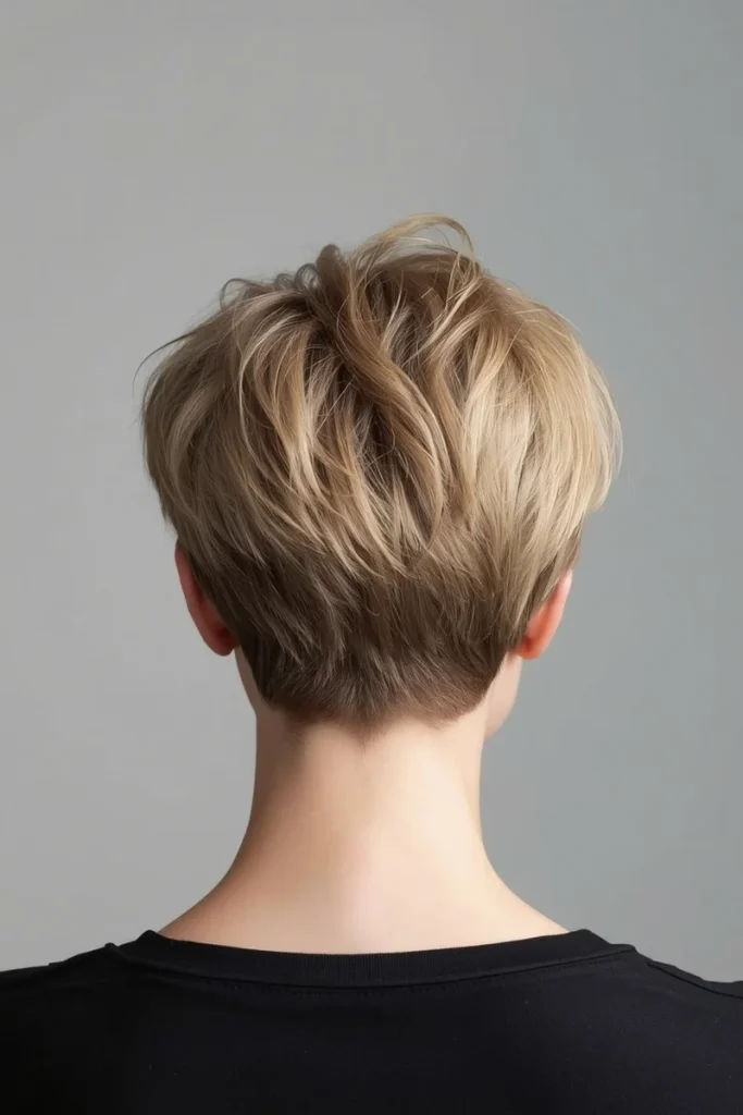 Shag pixie cut, back view, cropped textured layers with tapered nape