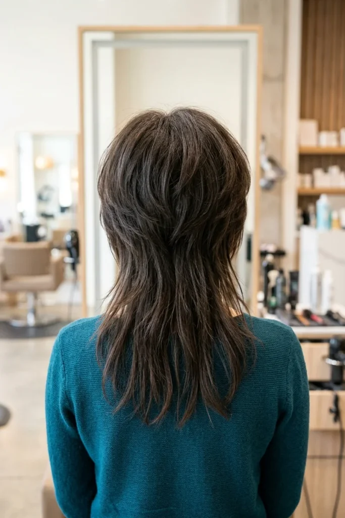 Shaggy wolf cut haircut, back view, voluminous rounded crown with long wispy layers