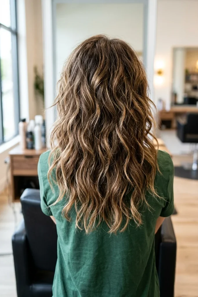 Razor-cut shag haircut with dimensional highlights, back view, frayed textured layers