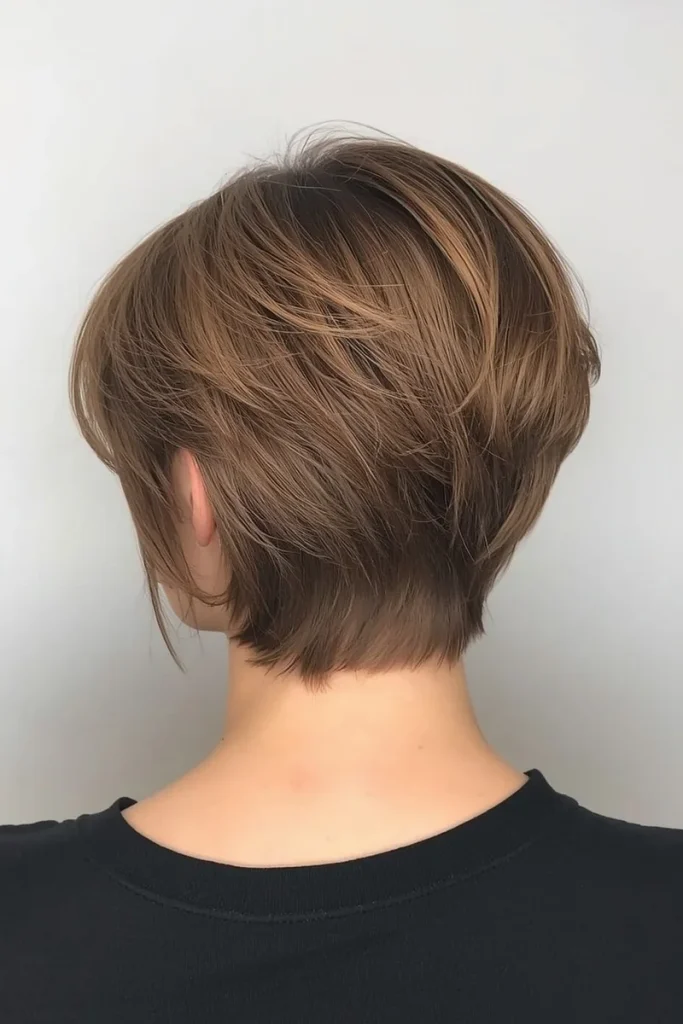 Shaggy bixie haircut, back view, rounded layered shape with side-tucked strand