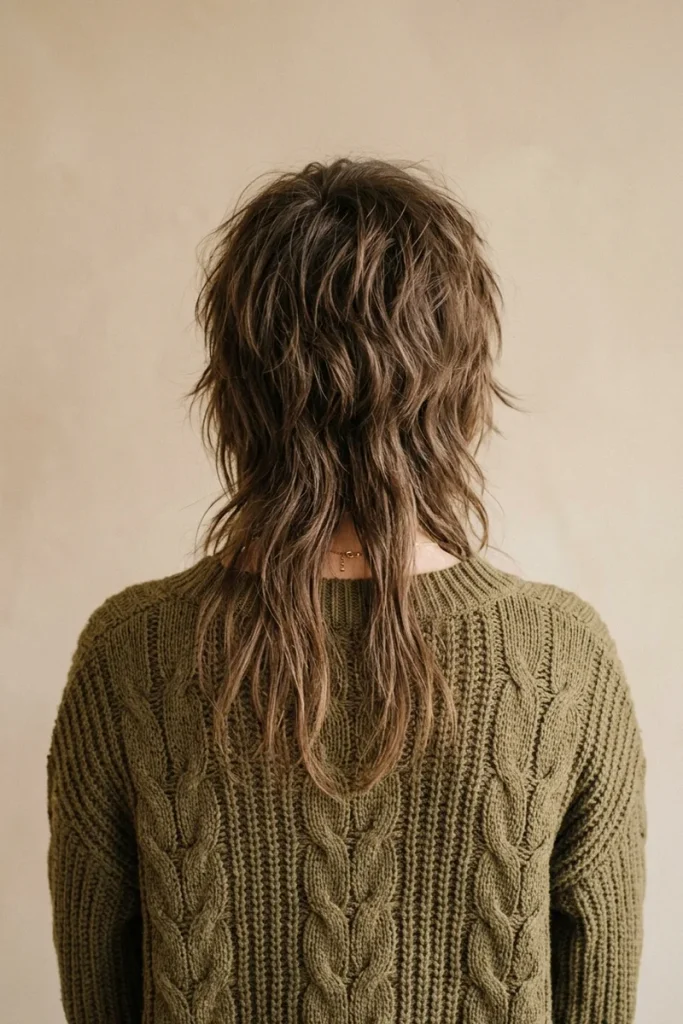 Shaggy mullet haircut, back view, short choppy crown layers lengthening toward the nape