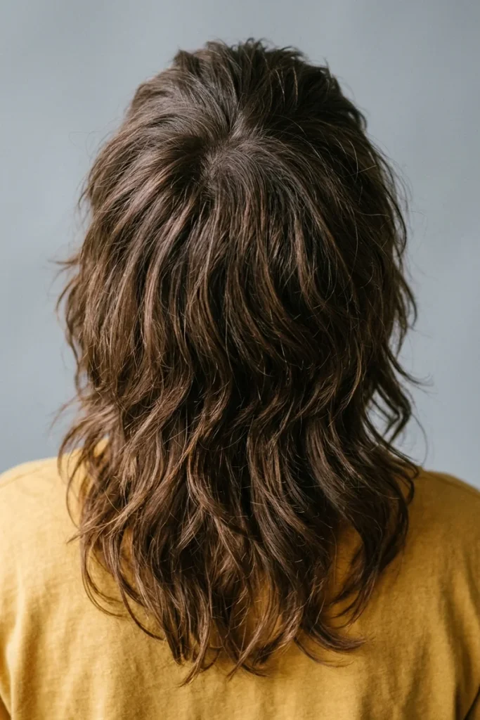 Shaggy layered haircut with high crown volume, back view, textured layers falling to shoulder