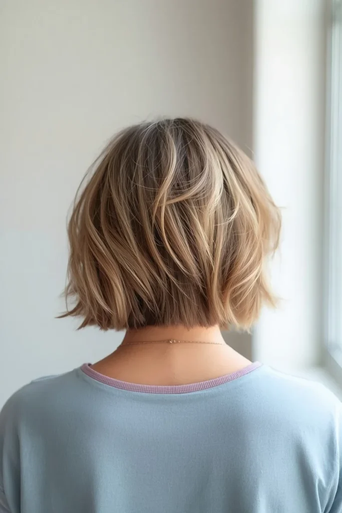 Shaggy bob haircut, back view, choppy jaw-length layers with natural highlights
