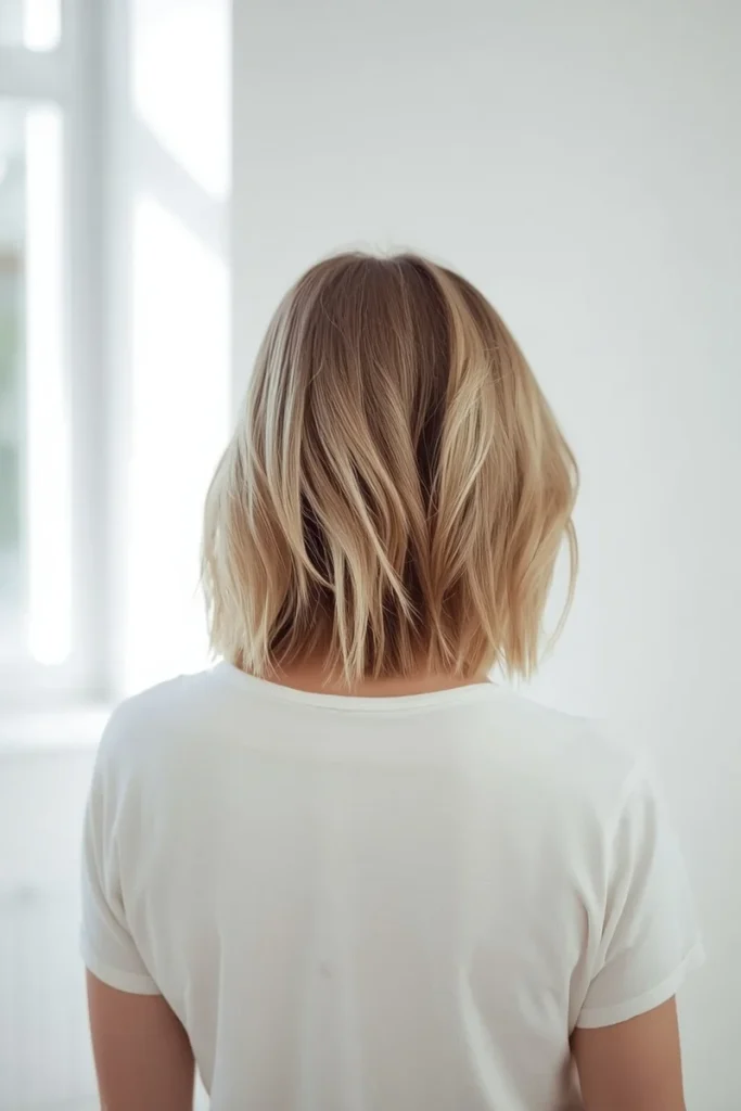 Shaggy lob haircut, back view, collarbone-length layers with soft waves and highlights