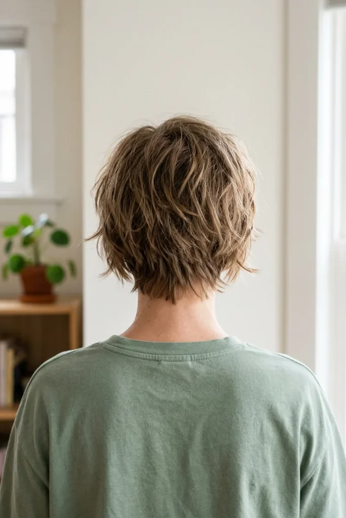 Shaggy pixie-bob haircut, back view, textured ear-to-chin length layers