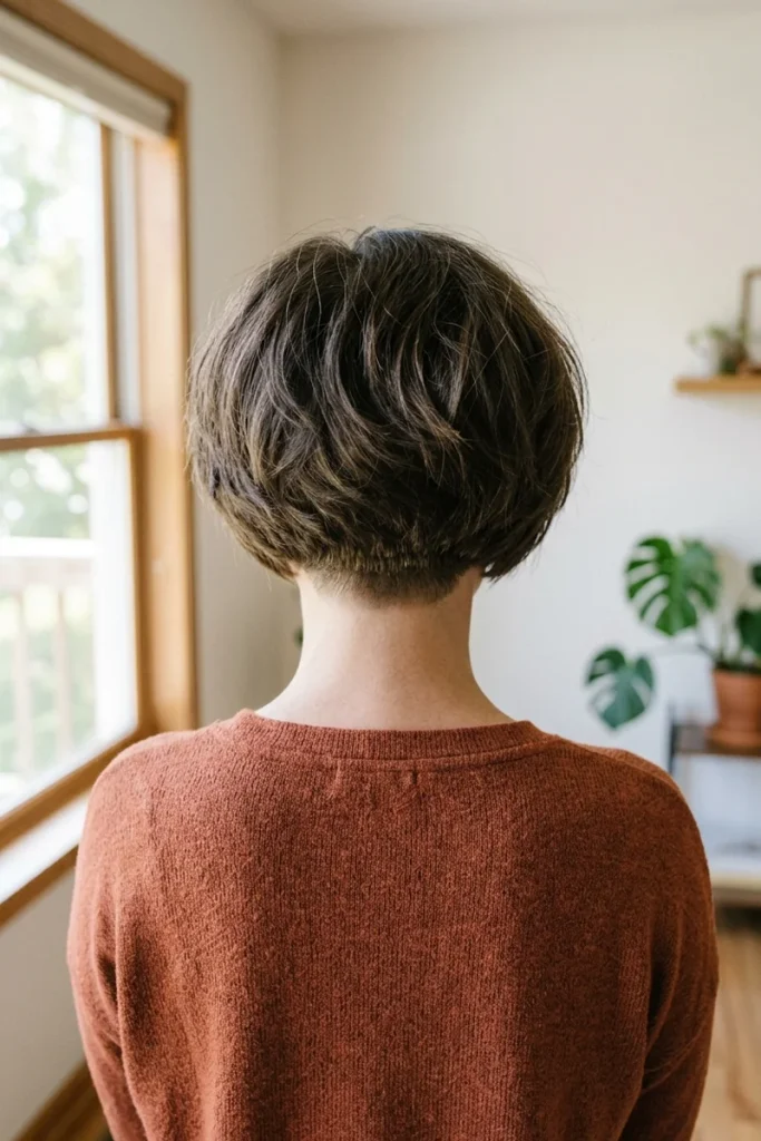 Shaggy shingle bob haircut, back view, stacked tapered nape with rounded choppy layers