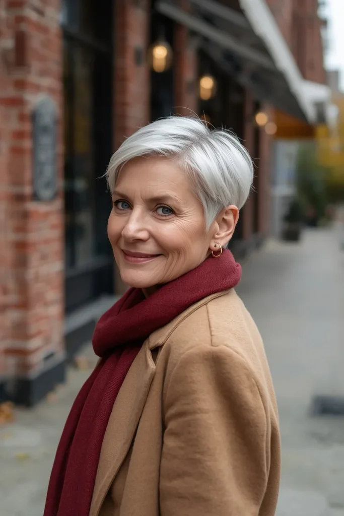 Tapered silver pixie cut with short sides and a swept top on a smiling woman over 50 in a camel coat and burgundy scarf on a city street
