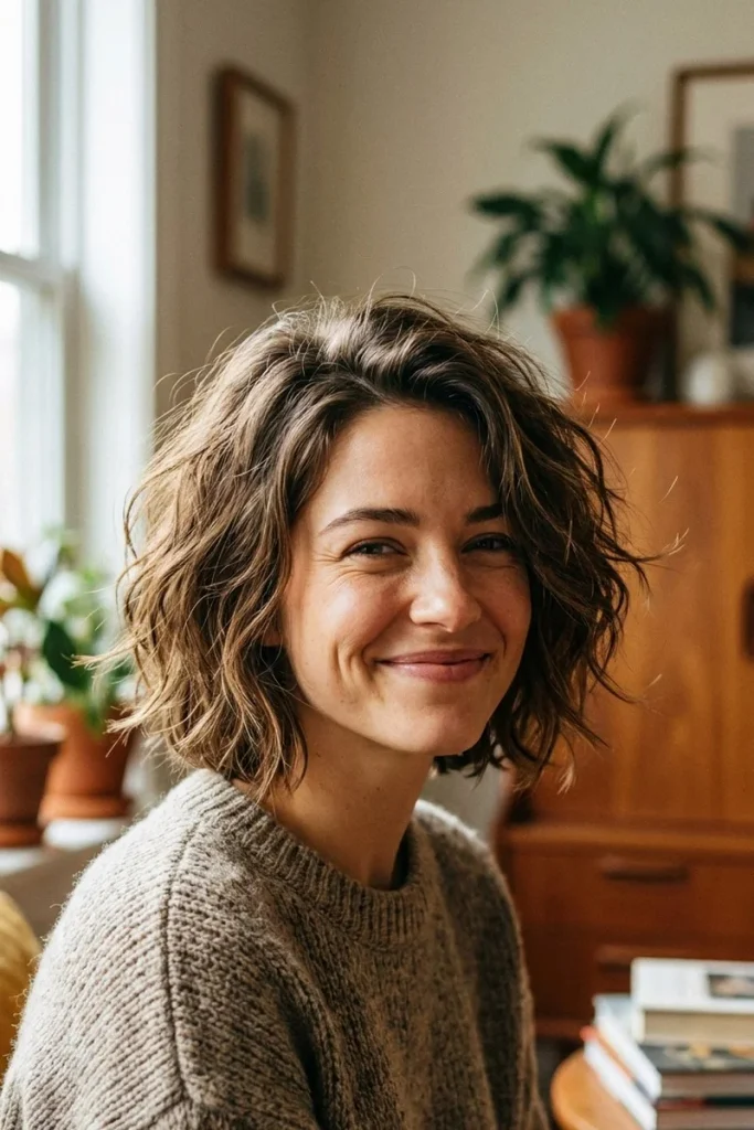 Woman with a wavy, piece-y textured bob haircut smiling in a cozy living room
