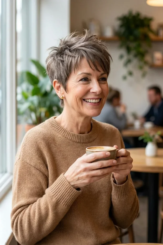 Textured ash brown pixie crop with piece-y bangs on a smiling woman over 50 holding coffee in a café