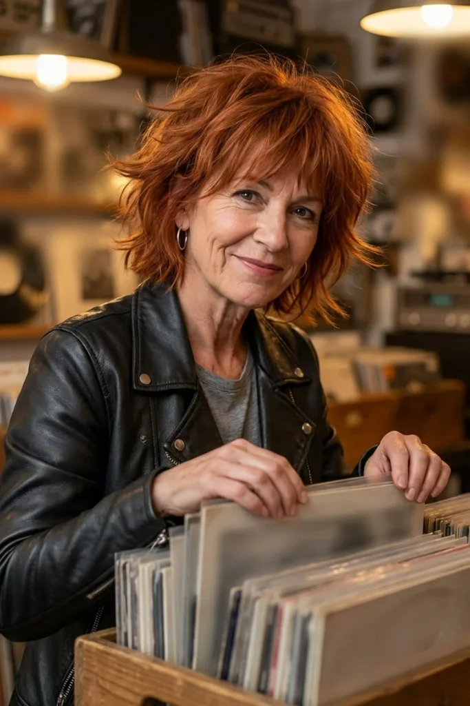Textured shaggy copper red bob with choppy layers and wispy bangs on a smiling woman over 50 browsing records in a vintage shop