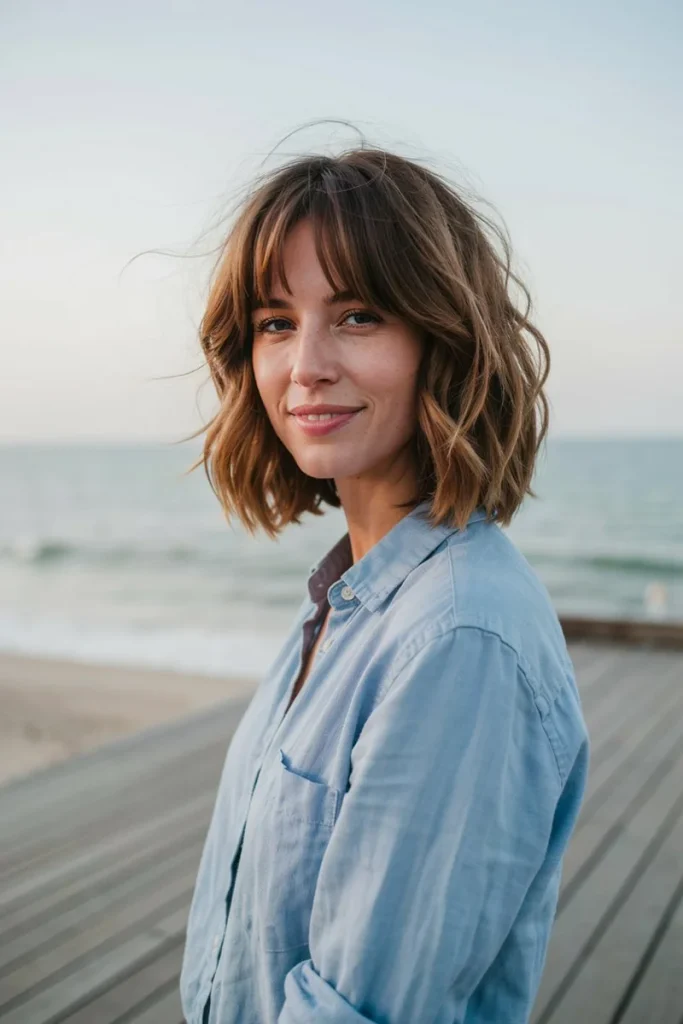 Short shag on thick wavy honey brown hair with soft rounded layers and curtain bangs on a woman on a seaside boardwalk