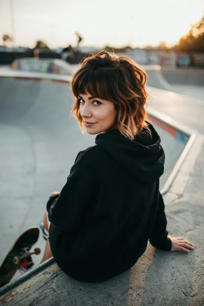 Short wolf cut on thick wavy dark brown hair with copper tones, full crown volume and choppy layers on a woman at a skate park