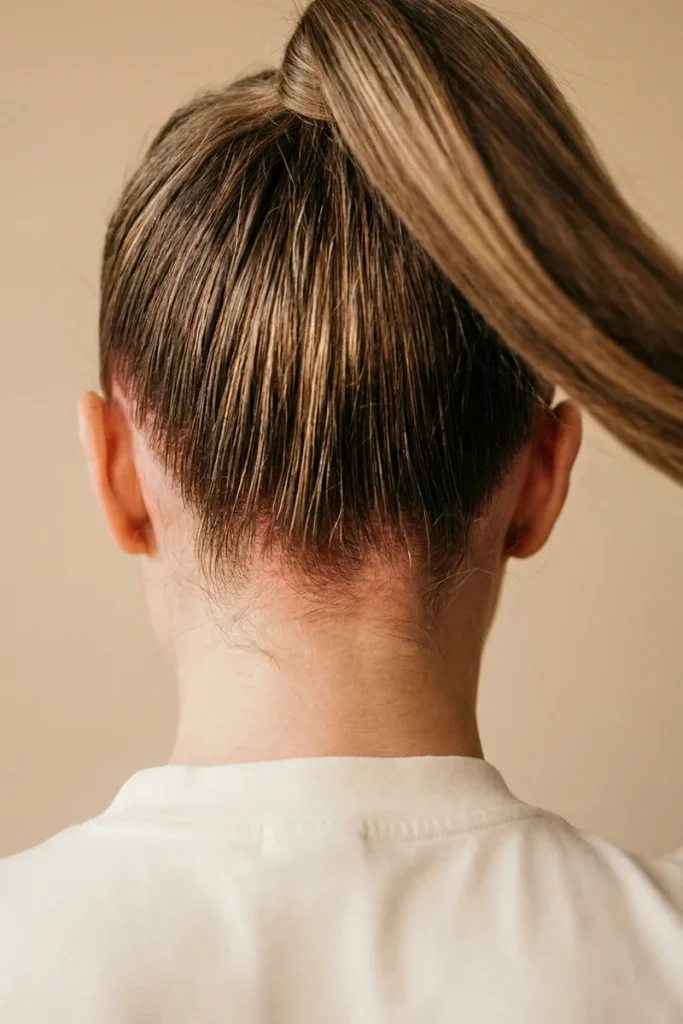 Back view of a woman's tight high ponytail showing tension at the hairline