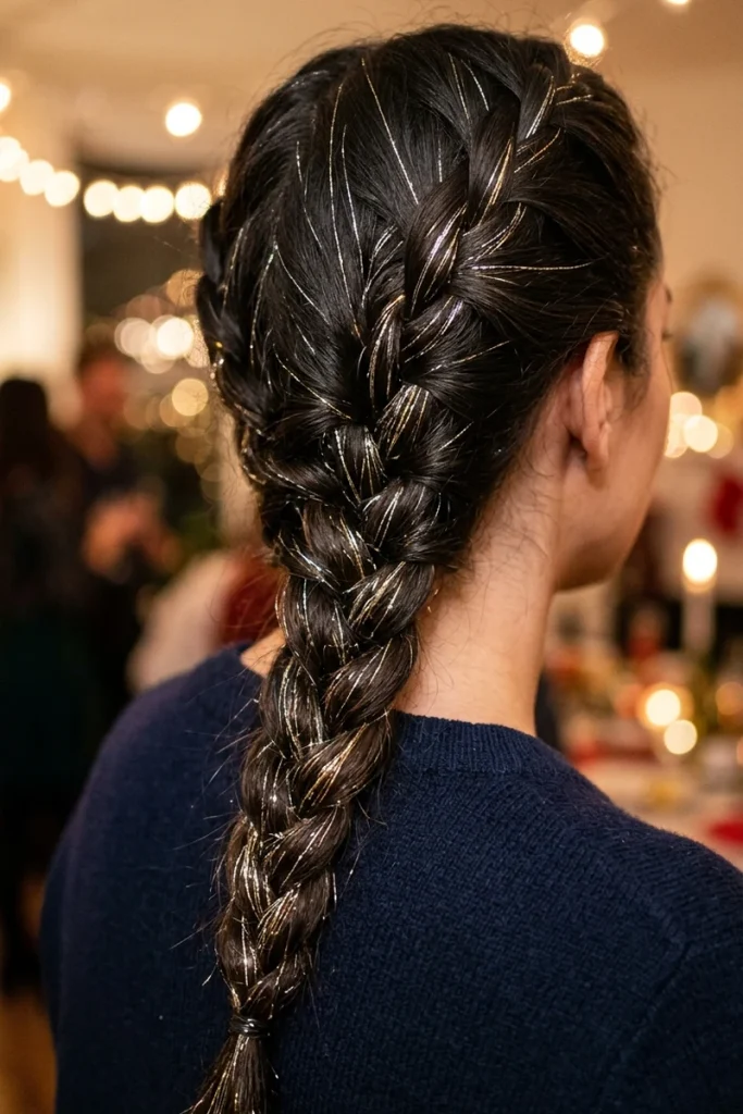 Metallic tinsel strands woven into a braid for New Year's Eve sparkle