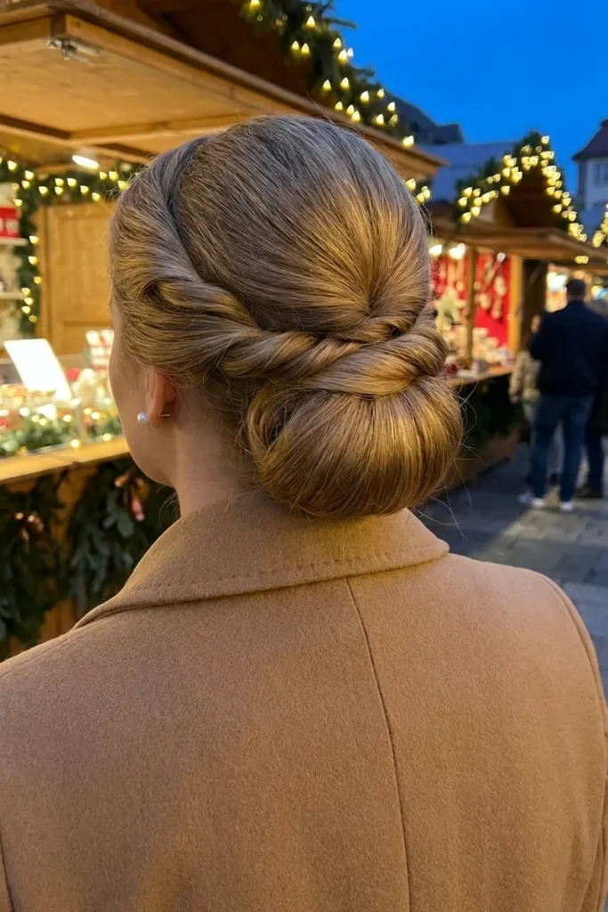 Topsy-tail chignon on long honey blonde hair with a twisted flip and smooth rolled bun, woman in a camel coat at a holiday market