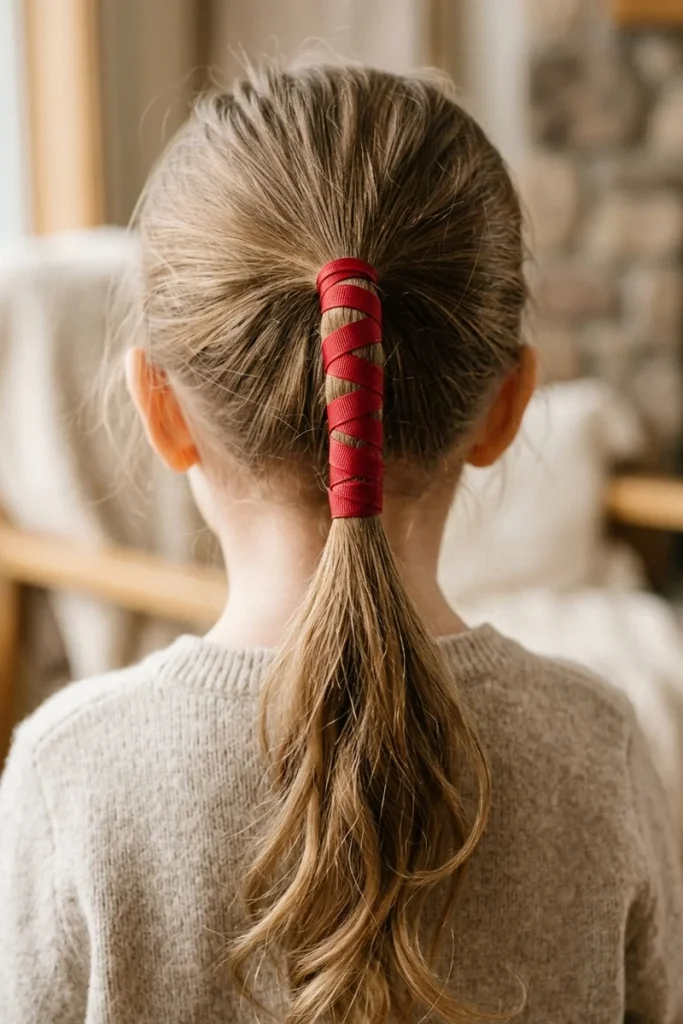 Child's ponytail with a red ribbon spiral-wrapped around the base