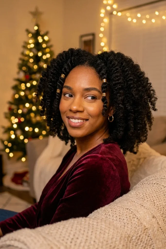 Defined twist-out with small gold hair cuffs on coily black hair, smiling woman in burgundy velvet by a lit Christmas tree