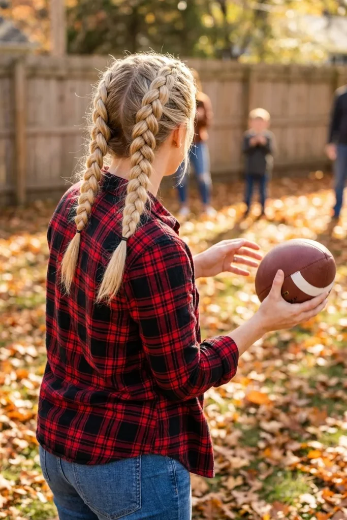 Two raised Dutch braids on blonde hair, woman in a flannel shirt tossing a football in a leafy backyard