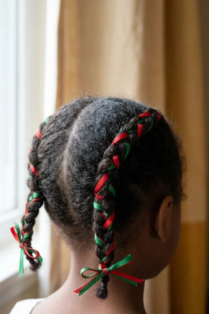 Child's two braided pigtails with red and green ribbon woven through, finished with bows