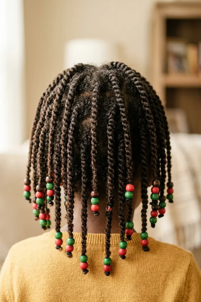 Child's natural hair styled into small two-strand twists with red and green beads