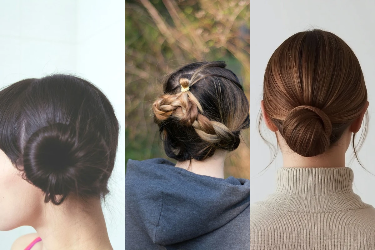 Three-panel collage of updo hairstyles for short hair — pinned bob bun, braided lob knot, and classic low bun for shoulder-length hair