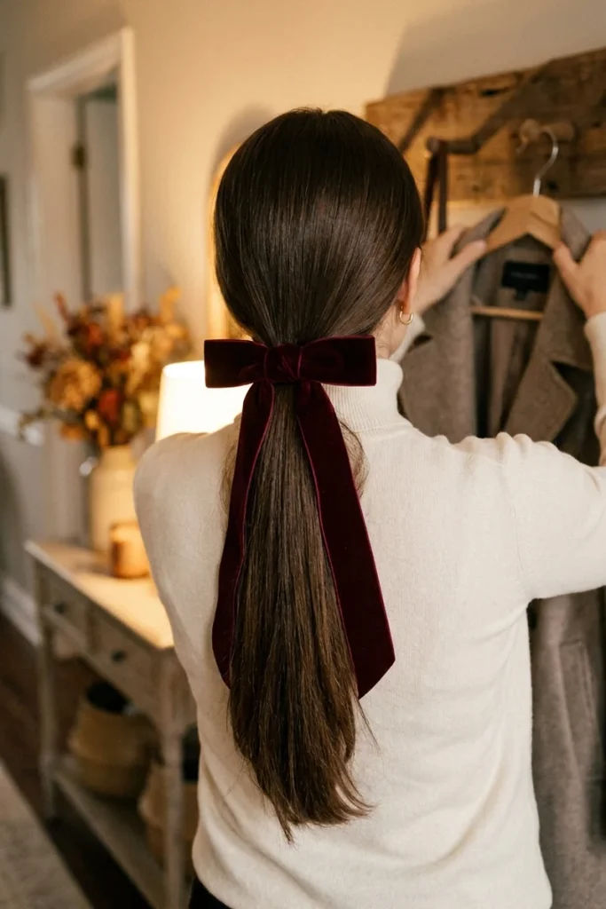 Low ponytail tied with a burgundy velvet ribbon bow, woman hanging her coat in a cozy entryway with autumn flowers