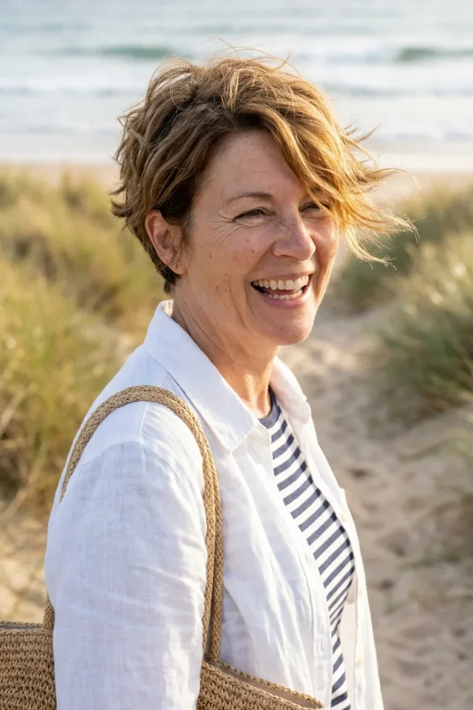 Tousled wash-and-go dark blonde pixie blowing in the breeze on a laughing woman over 50 on a beach path