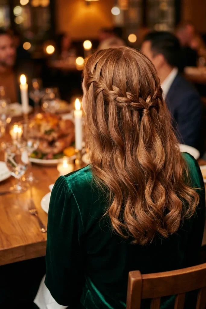 Waterfall braid across the back of long auburn waves, woman in green velvet at a candlelit Thanksgiving restaurant dinner