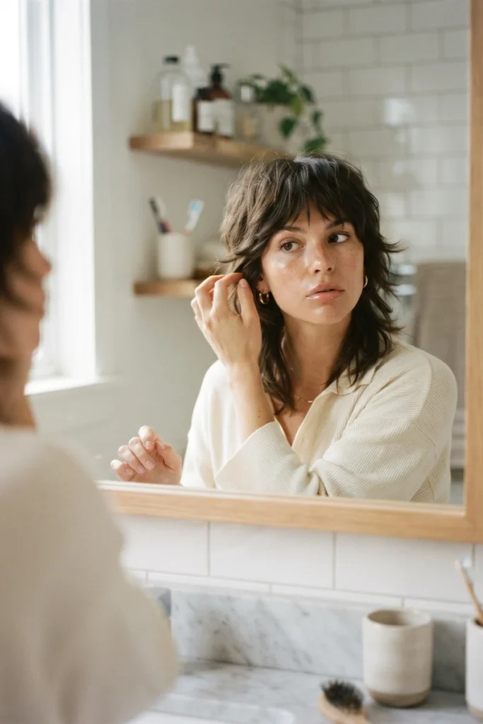 Woman checking face-framing layers of her wolf cut in the mirror