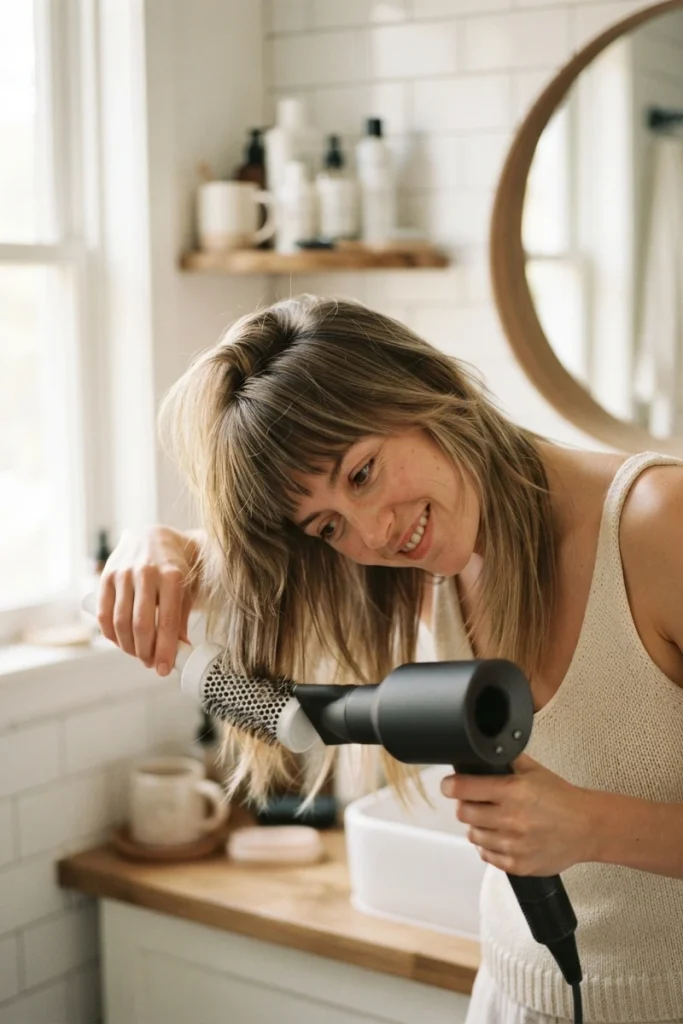 Woman blow-drying fine hair upside down to build root volume