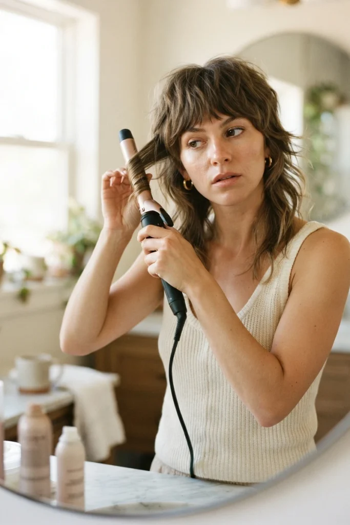 Woman using a curling wand to add texture to a shaggy wolf cut