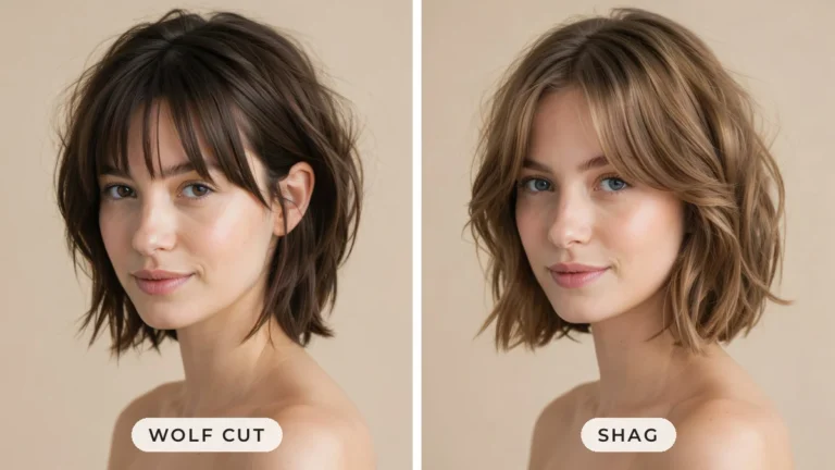 Side-by-side comparison of a short wolf cut with choppy layers and crown volume and a short shag with soft rounded waves