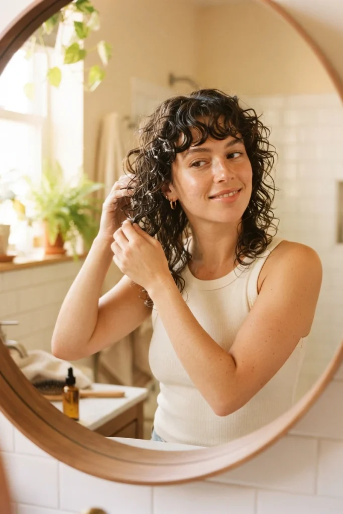 Woman applying curl cream to wavy wolf cut hair in bathroom mirror