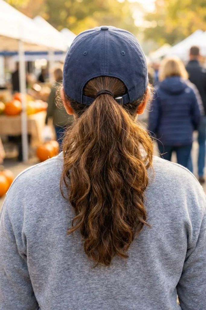 Back view of a woman with long wavy brown hair in a ponytail pulled through the back opening of a navy baseball cap

