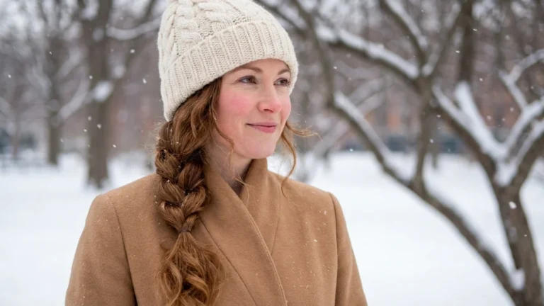 Woman with long auburn hair in a loose low side braid over her shoulder, wearing a cream cable-knit cuffed beanie in a snowy park