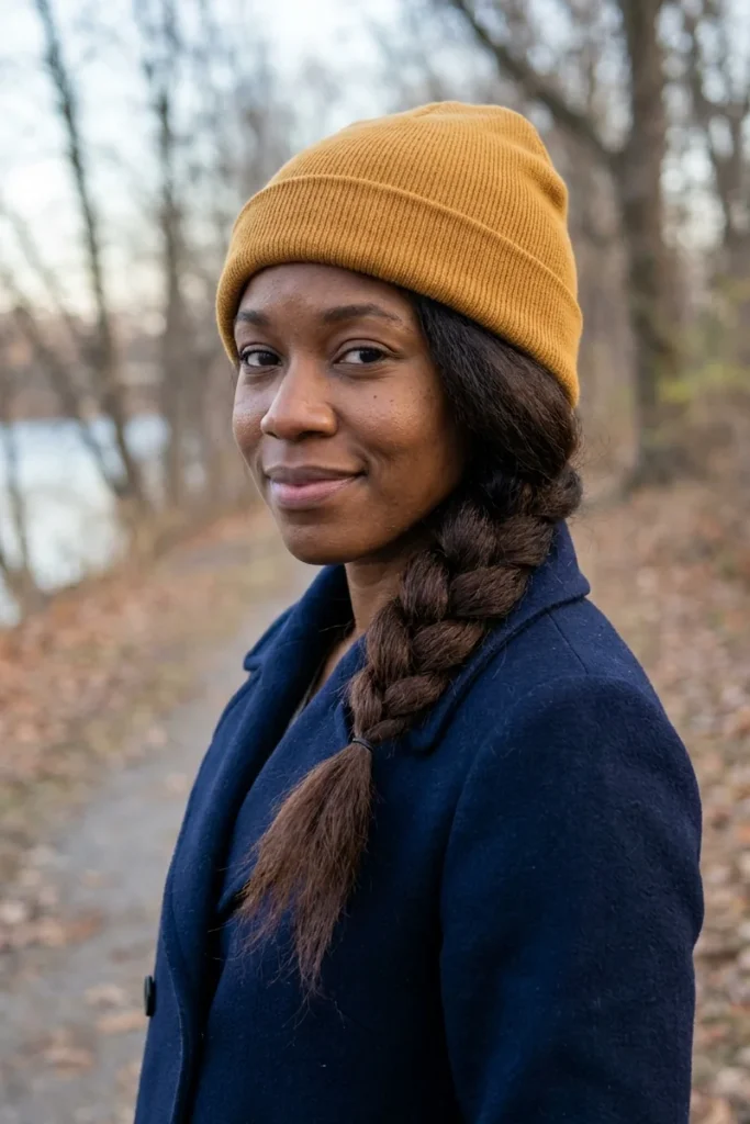 Beanie hairstyle: woman wearing a mustard cuffed beanie with her dark brown hair in a loose low side braid over the front of her shoulder