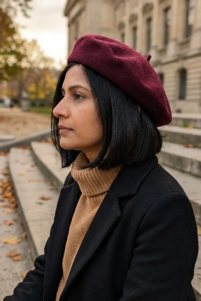 Side profile of a woman with a glossy black chin-length bob wearing a burgundy wool beret tilted to one side
