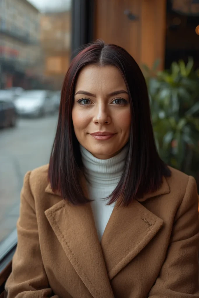Woman with sleek shoulder-length black cherry hair, nearly black with a red-violet shine, wearing a camel coat by a cafe window