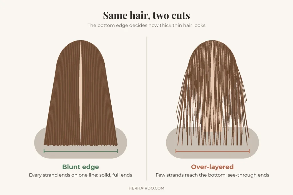 Diagram comparing a blunt haircut edge with full, solid ends to an over-layered cut with thin, see-through ends on the same hair