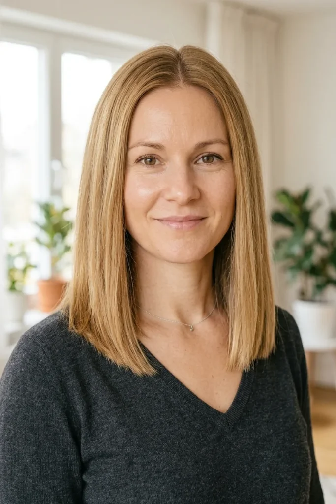 Woman with fine, straight honey-blonde hair in a middle-parted lob with one solid, blunt hemline below the shoulders