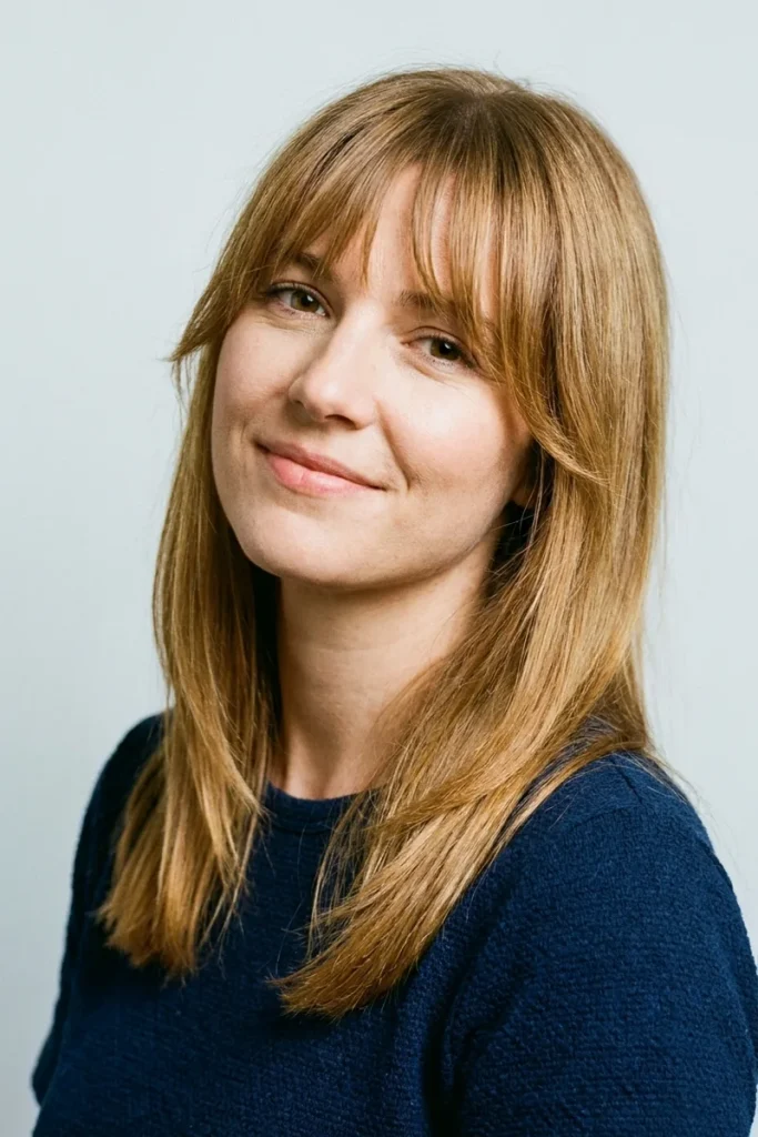 Woman with shoulder-length honey blonde hair and wispy bottleneck bangs, short in the center and curving longer around the eyes to the cheekbones