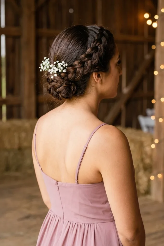 Bridesmaid in a dusty-rose dress with a Dutch braid wrapped into a low bun and a cluster of baby's breath in a rustic barn