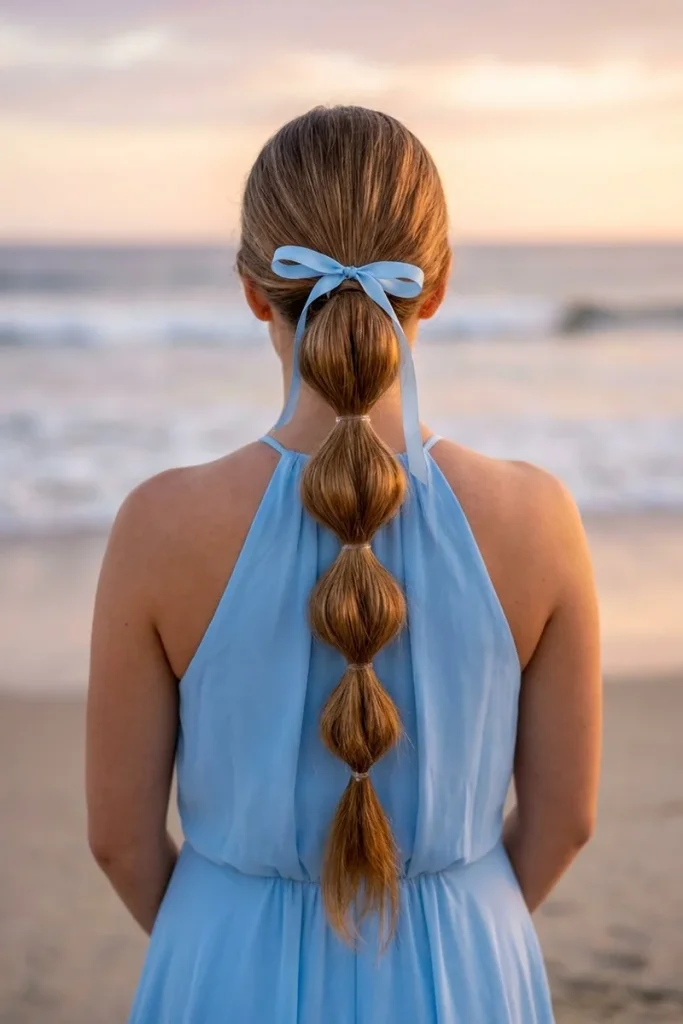 Bridesmaid on a beach at sunset with a low bubble ponytail and a sky-blue ribbon bow, wearing a matching halter dress