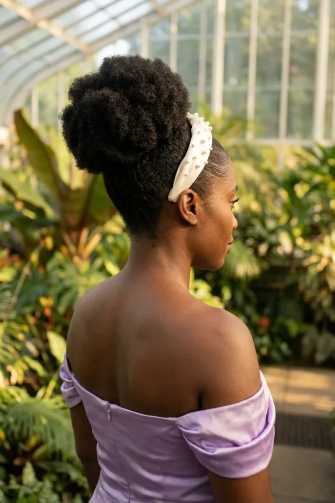 Bridesmaid with a natural coily puff bun at the crown and a pearl-studded satin headband, wearing a lavender off-the-shoulder dress in a greenhouse