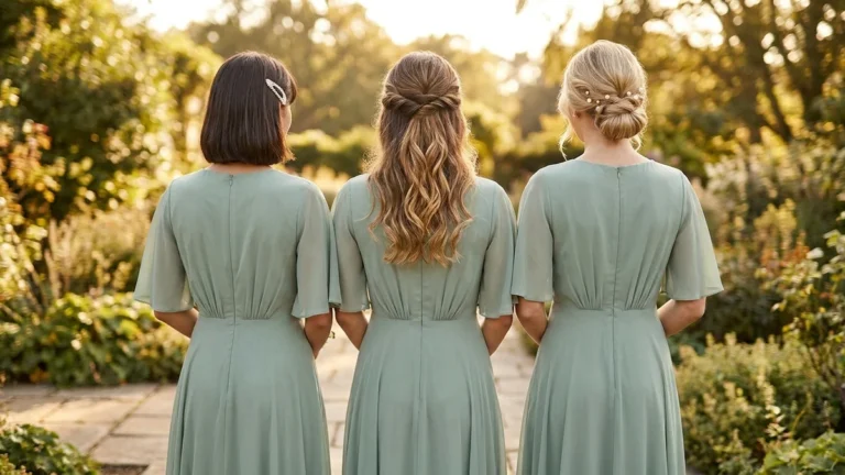 Three bridesmaids in matching sage dresses with different hairstyles: a bob with a pearl clip, a half-up twist and a low bun with pearl pins
