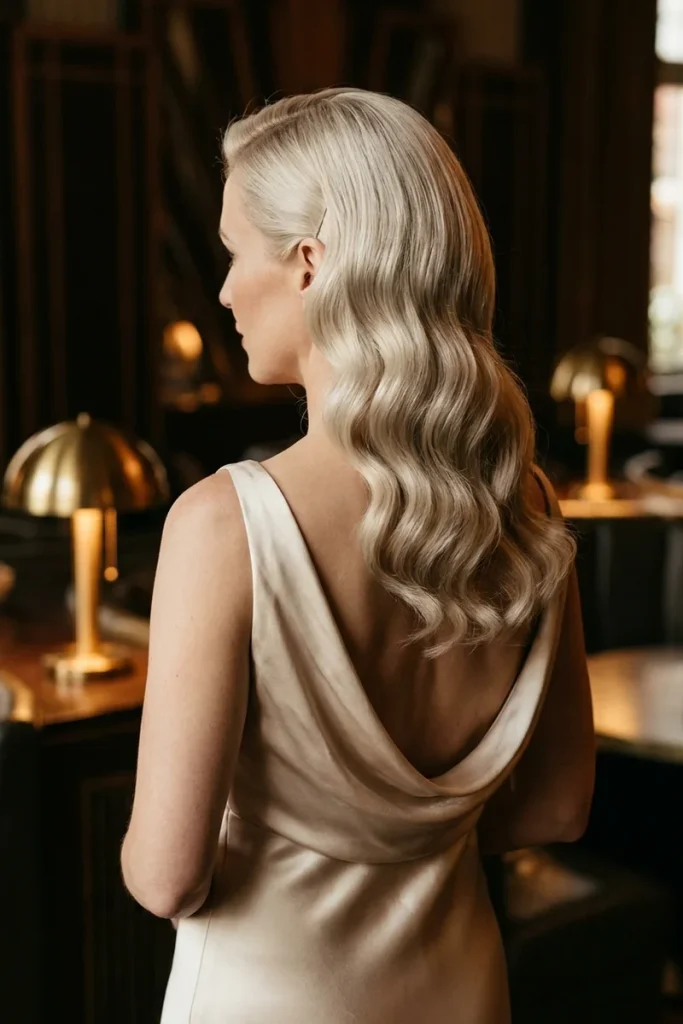 Bridesmaid with platinum-blonde Old Hollywood waves and a deep side part, wearing a champagne satin cowl-back gown in an art-deco lounge