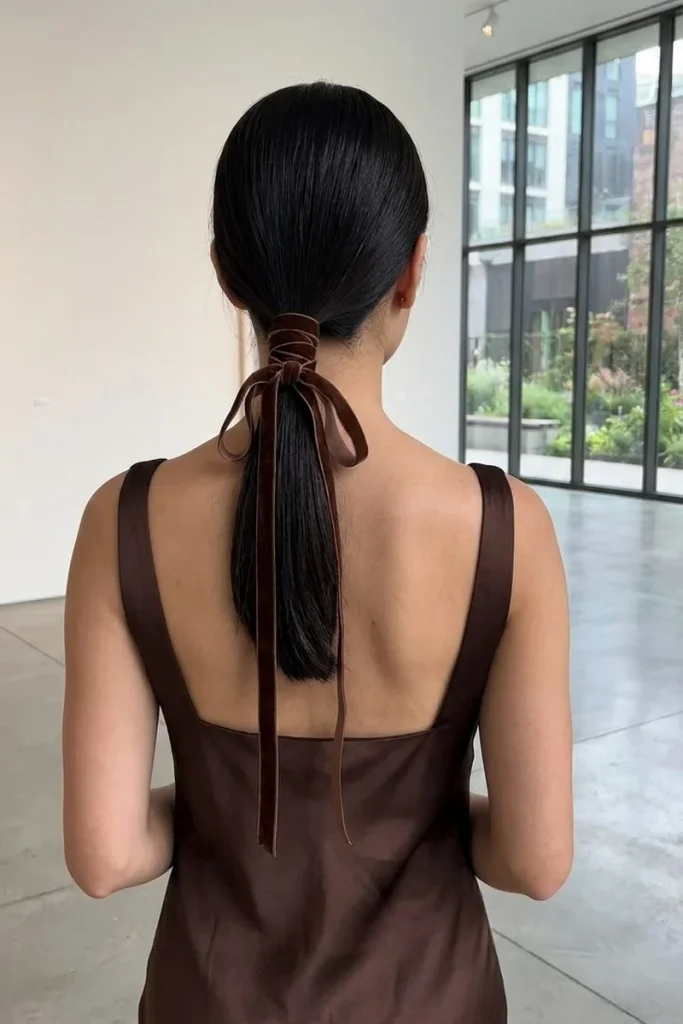 Bridesmaid with a sleek low ponytail wrapped with a chocolate velvet ribbon bow, wearing a matching satin slip dress in a modern gallery