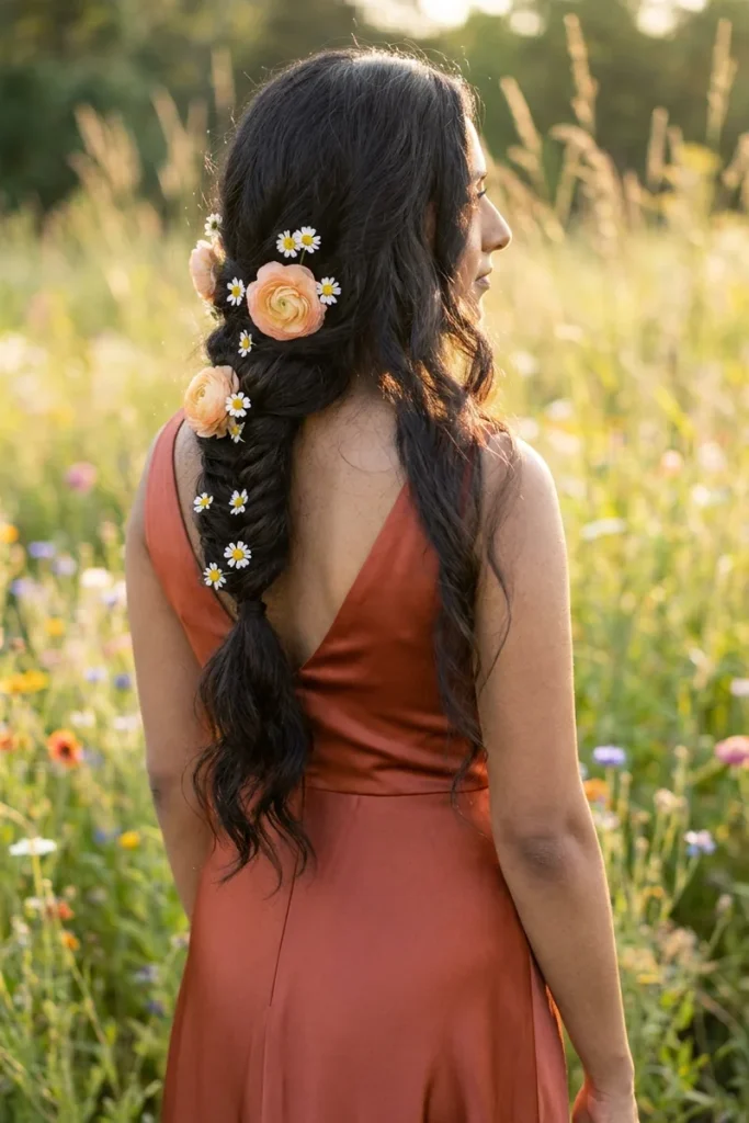 Bridesmaid with long dark hair in a loose fishtail braid decorated with daisies and peach ranunculus, wearing a rust satin dress in a wildflower meadow