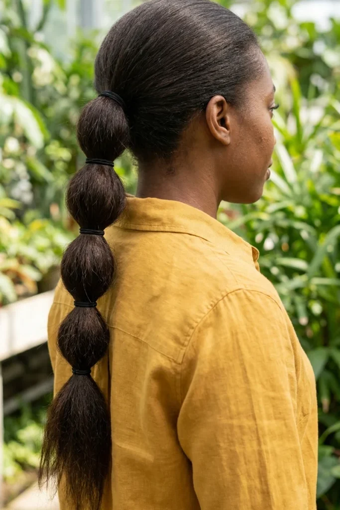 Side-back view of a woman with long dark brown hair in a bubble ponytail, small black elastics spaced evenly down the tail with round sections between them
